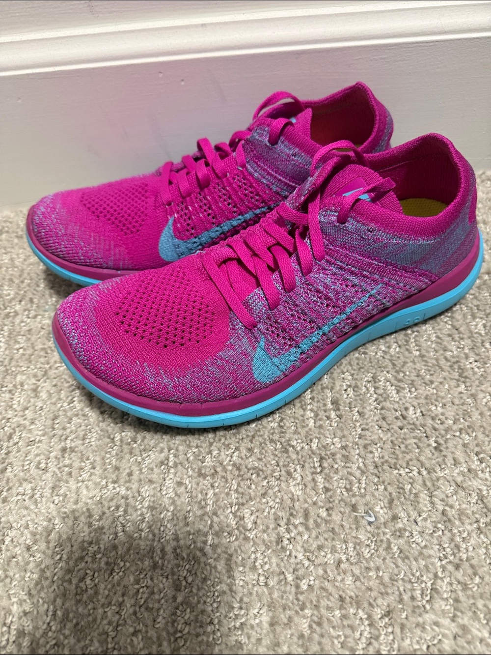 Nike Women’s Flyknit Runners - Magenta with Light Blue Swoosh